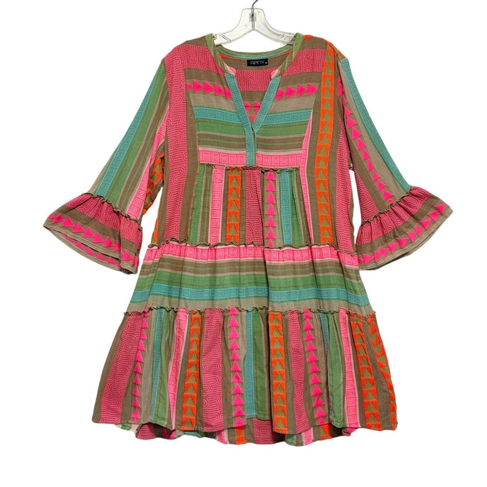 APNY Mixed Print Tiered Cotton Tunic Dress Flouncy Pink XL Boho Embroidered